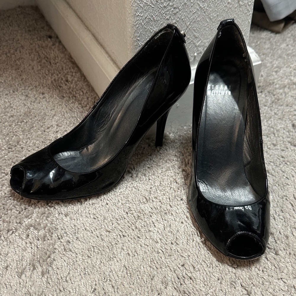 Stuart Weitzman Glossy Black Peep-Toe Heels